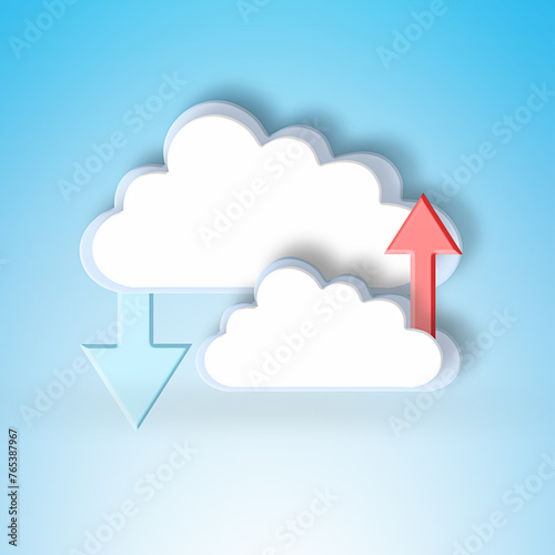 Cloud computing, graphic and arrow for download for data science, information technology and art on blue background. Networking, storage icon and futuristic it for digital expansion with upload sign