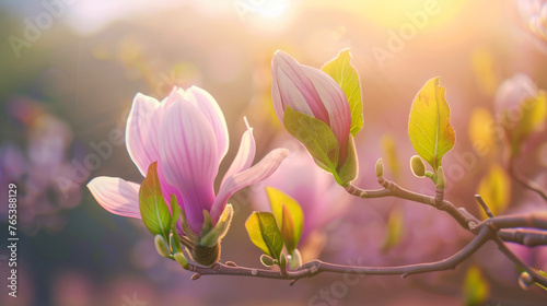 Bright magnolia blooms in sunlight, against a backdrop of more flowers and leaves