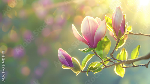 Bright magnolia blooms in sunlight, against a backdrop of more flowers and leaves