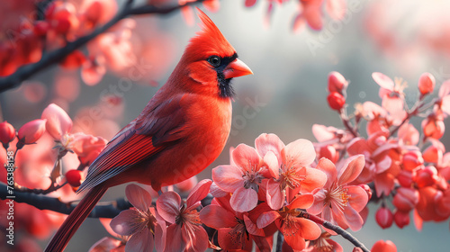 A Red Cardinal Bird Highlighted by Sunlight Amidst Vivid Spring Blossoms © thanakrit