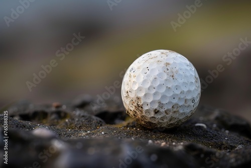 A close-up of a slightly scuffed golf ball.