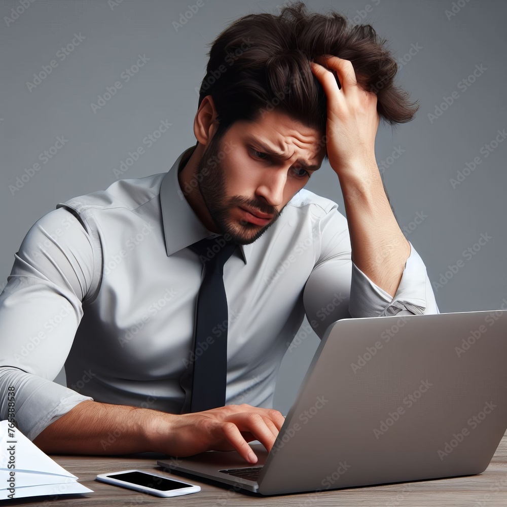 A stressed businessman rubs his temples, frustrated by a headache while working on his laptop A stressed businessman rubs his temples, frustrated by a headache while working on his laptop
