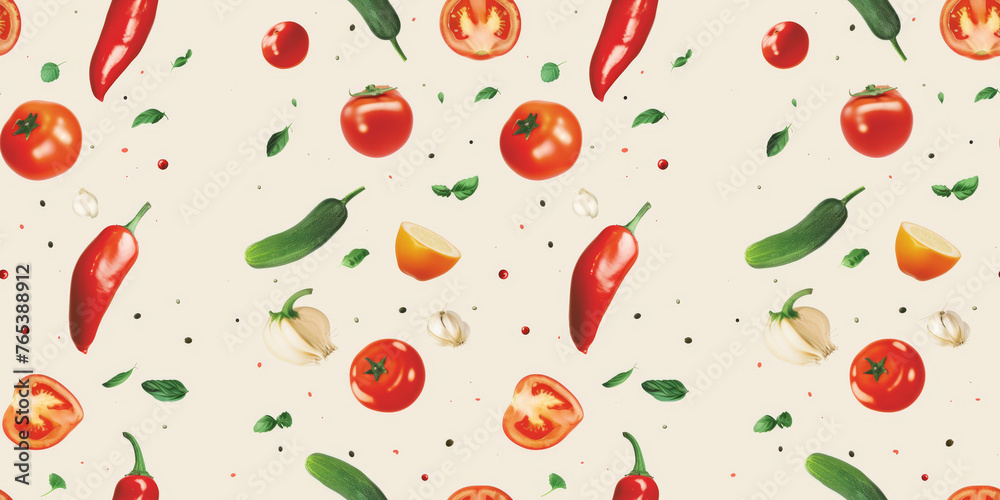 Seamless Tomatoes, Chili Peppers, and Garlic Levitation on Cream Background Pattern Seamless Tomatoes, Chili Peppers, and Garlic Levitation on Cream Background Pattern