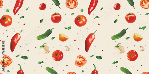 Seamless Tomatoes, Chili Peppers, and Garlic Levitation on Cream Background Pattern