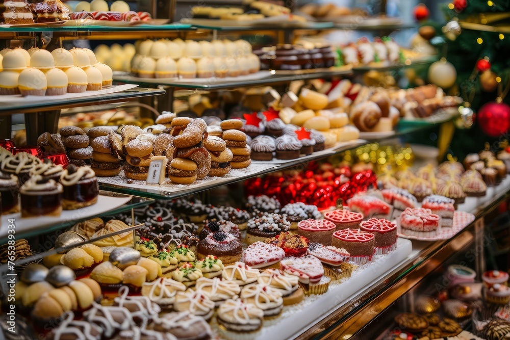 A display case filled with a variety of pastries, showcasing the culinary delights associated with celebrations and holidays worldwide
