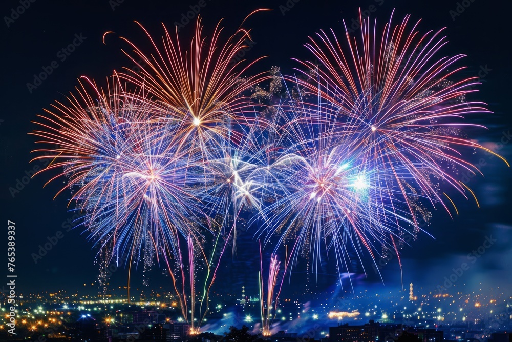 Bright fireworks light up the dark sky, creating a dazzling display of colors and patterns during a festive event