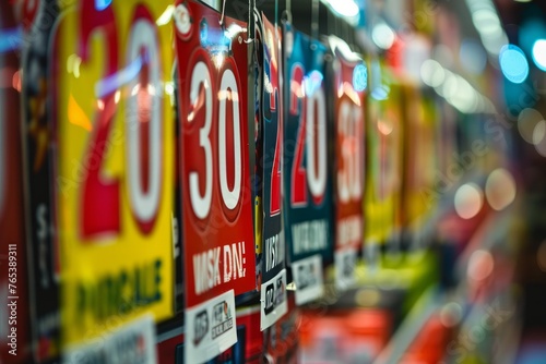 Various colorful discount and sale signs displayed on a wall in a retail store