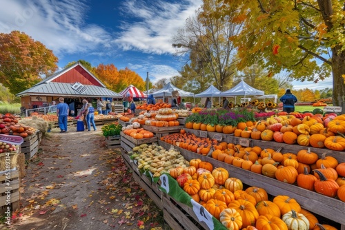 A display filled with a variety of pumpkins and squash at a bustling farmers market during the fall season