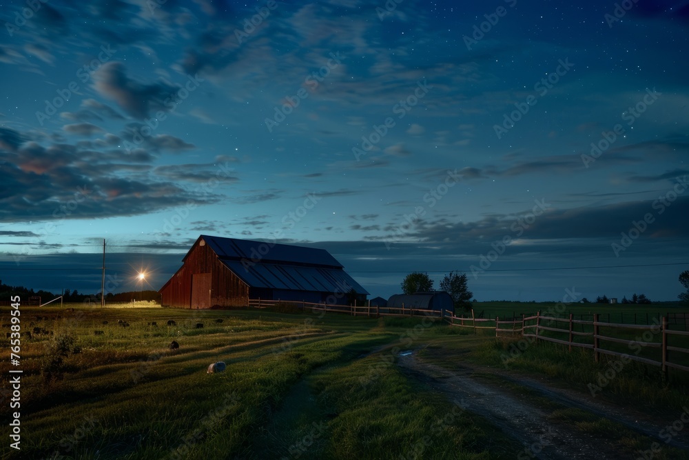 A barn stands in the middle of a field under the night sky, illuminated by artificial light, showcasing rural farming activities