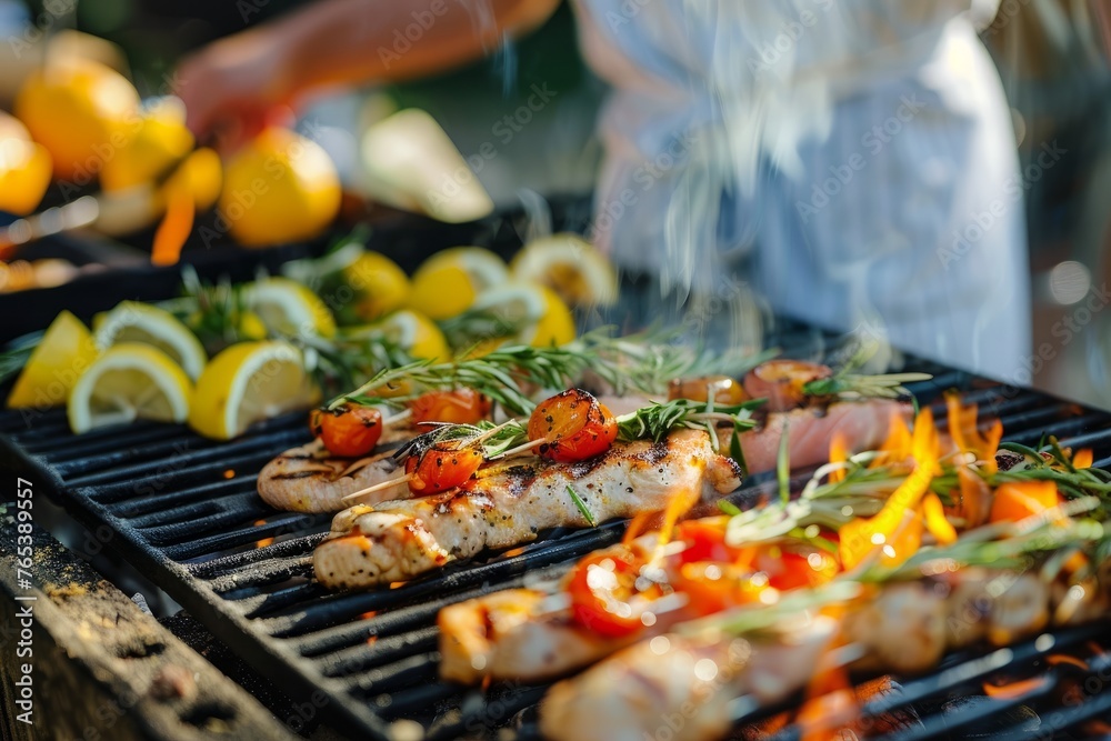 A detailed view of a grill cooking food up close