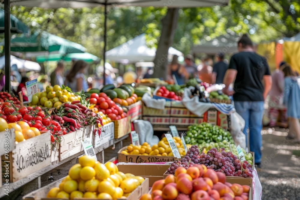 A vibrant farmers market teeming with colorful fruits and vegetables, showcasing local produce and artisanal goods