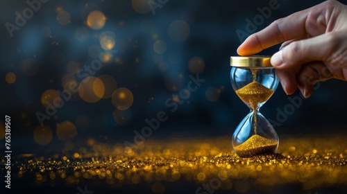 A hand flipping over an hourglass to set a reminder for a specific duration of time photo