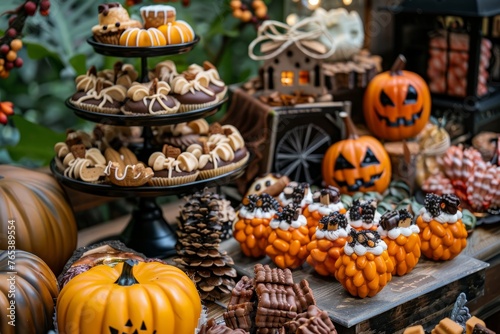 A table is filled with a variety of Halloween treats like candies, cookies, cupcakes, and pumpkin-shaped chocolates