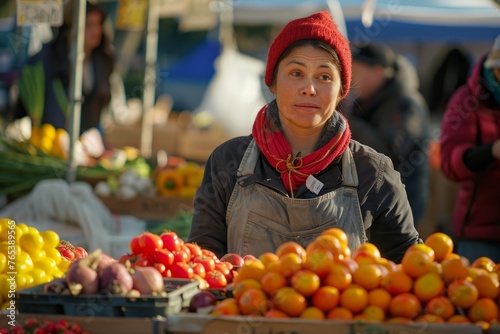 A woman is standing in front of a fruit stand, surrounded by various fruits and vegetables as she browses the selection