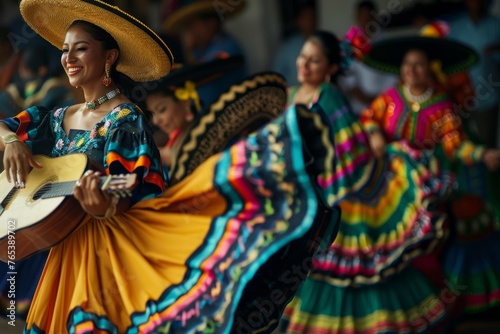 A woman in a vibrant dress and sombrero playing a guitar at a cultural festival, capturing the rhythm and energy of traditional dances and music
