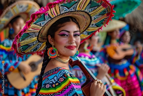 A woman dressed in vibrant attire and a hat playing a guitar © Ilia Nesolenyi