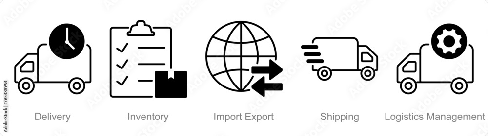 A set of 5 Logistics icons as delivery, inventory, import export