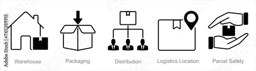 A set of 5 Logistics icons as warehouse, packaging, distribution