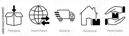 A set of 5 Logistics icons as packaging, import export, shipping