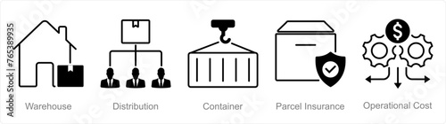 A set of 5 Logistics icons as warehouse, distribution, container, parcel insurance