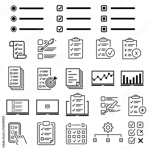 data report statistics related line icon set. Data report linear icon. Presentation statistics and selected columns, collection of line vector signs about management data