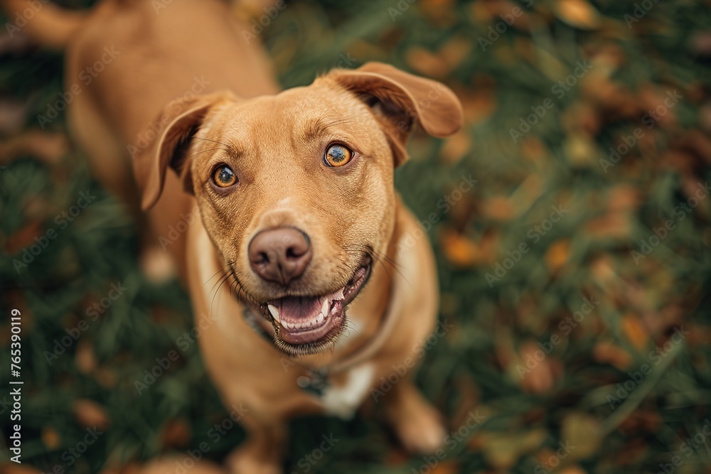 Dog stands mid-sniff, tail wagging excitedly, head raised and looking directly at the camera with a playful smile.