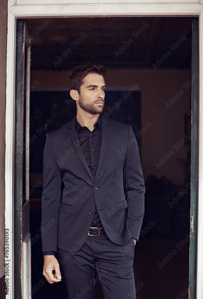 Thinking, fashion and businessman in door in suit and formal style for professional in house. Real estate agent, idea or confidence of entrepreneur in property career or ambition of realtor in home Thinking, fashion and businessman in door in suit and formal style for professional in house. Real estate agent, idea or confidence of entrepreneur in property career or ambition of realtor in home
