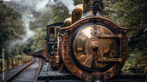 Close-up of an old steam train's headlamp, with misty forest background.