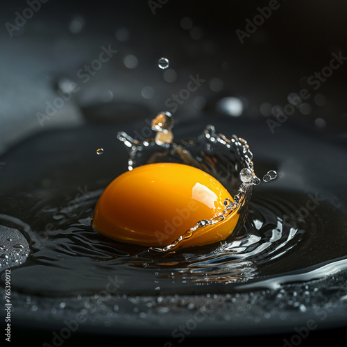 New egg yolks are dropped into clear cooking oil to be fried in a Teflon frying pan, there is froth and splashes of cooking oil around the egg yolks