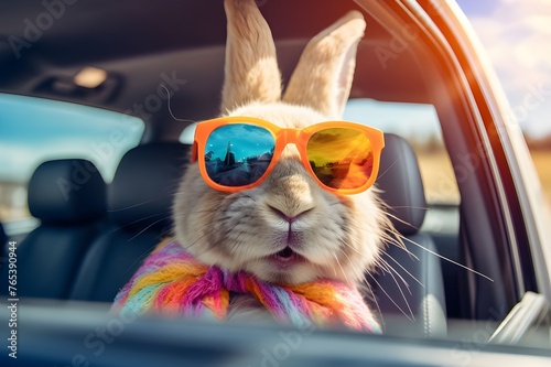 Easter Egg Bunny Smiling Rabbit in Car with Colored Glasses Handing Out of Car © Sun