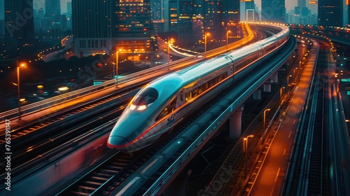 A modern train speeds through a city at dusk, with vibrant city lights and a futuristic atmosphere.