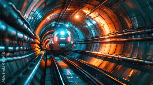 A modern train rushes through a brightly lit tunnel with cool tones and a sci-fi feel.