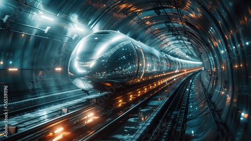 A sleek, modern train rushes through a reflective, illuminated tunnel.