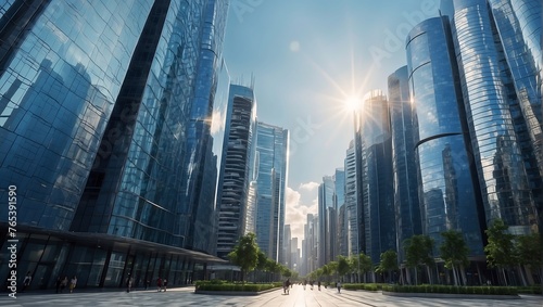 Image of modern skyscrapers in smart city  futuristic financial district with buildings and reflections  blue color background for corporate and business templates with warm sunlight. AI generated