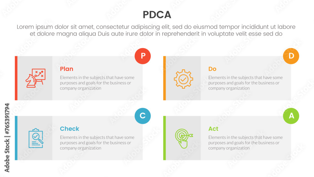 pdca management business continual improvement infographic 4 point stage template with long rectangle box symmetric circle badge for slide presentation