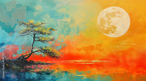 Minimalist landscape. Banner with tree and moon. Oil painting art