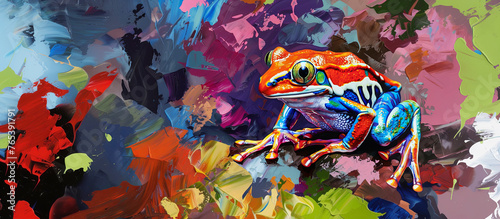 Colorful Illustration of cute frog on abstract background. Oil painting. Banner