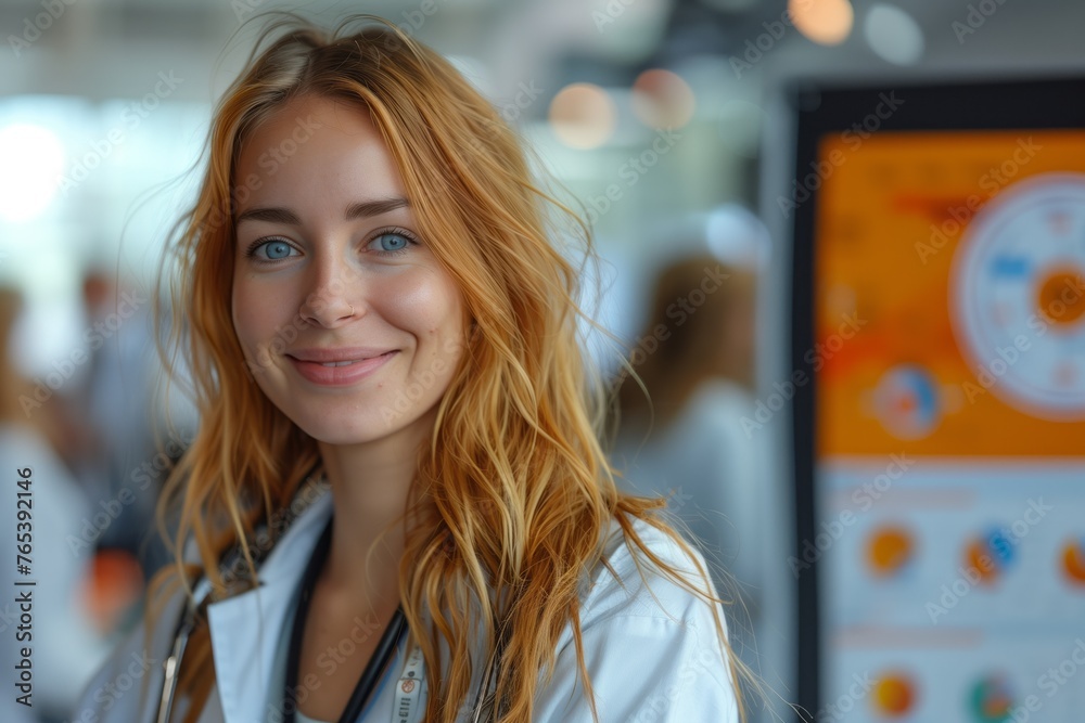 a woman in a lab coat with a stethoscope around her neck is smiling a woman in a lab coat with a stethoscope around her neck is smiling