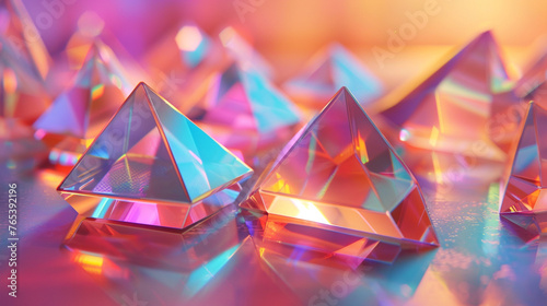 3D geometric shapes with rainbow colors and metallic reflections