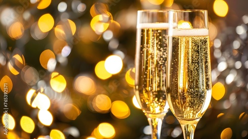 Celebratory Champagne Flutes Glowing Amidst Twinkling Lights for Festive Occasions