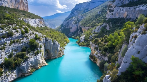 Captivating Turquoise Oasis Nestled Within Majestic Gorges du Verdon Cliffs:A Natural Wonder of Unparalleled Beauty photo