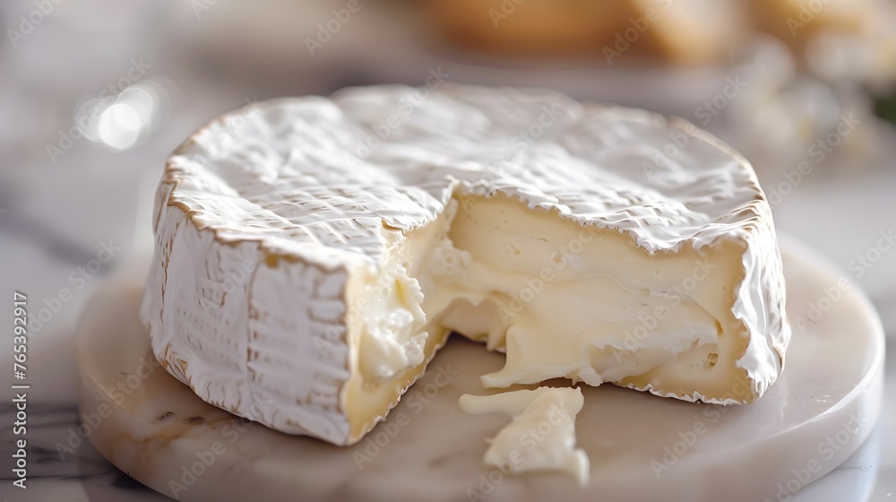 Delicate Camembert Cheese Wheel with Creamy Texture and White Rind on Wooden Backdrop