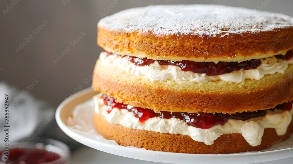 Delicious Layered Victoria Sponge Cake with Creamy Filling and Fruity Jam Topping