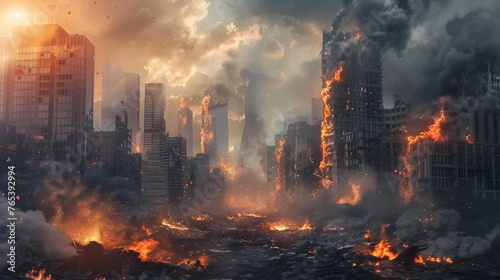 Devastating Inferno Engulfs War-Torn Metropolis in Chaotic Pandemonium photo