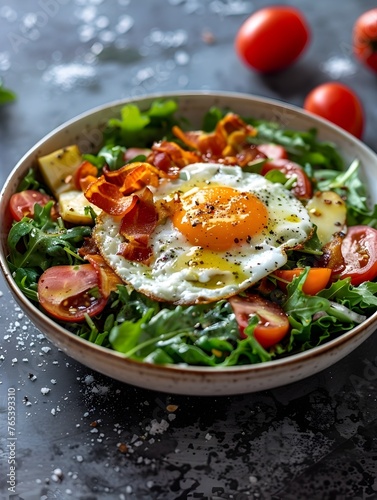 Freshly Prepared Lyonnaise Salad with Vibrant Vegetables,Eggs,and Savory Bacon Dressing