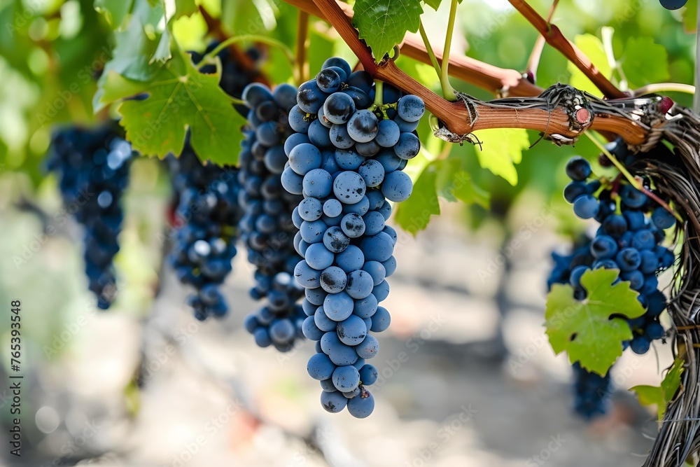 Lush Bordeaux Grape Clusters Hanging on Vines in Vibrant Vineyard Landscape