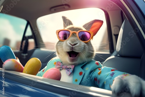 Easter Egg Bunny Smiling Rabbit in Car with Colored Glasses Handing Out of Car © Sun