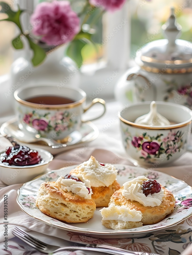 Savory Cream Tea Scene with Scones,Cheese and Chutney Served on Floral Patterned Vintage Ceramic Dishware for Cozy Indoor Dining or Relaxing