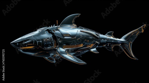 Illustration of a Cybernetic Robot shark with Futuristic Military Design, Isolated on a Black Background