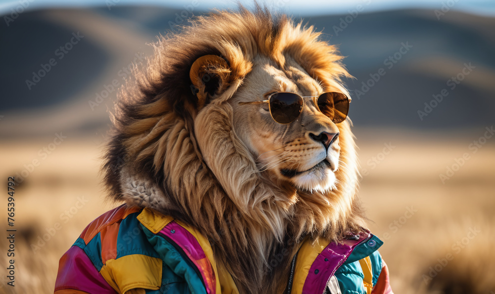 Fototapeta premium artistic vibrant portrait of a lion using jacket and wearing sunglasses